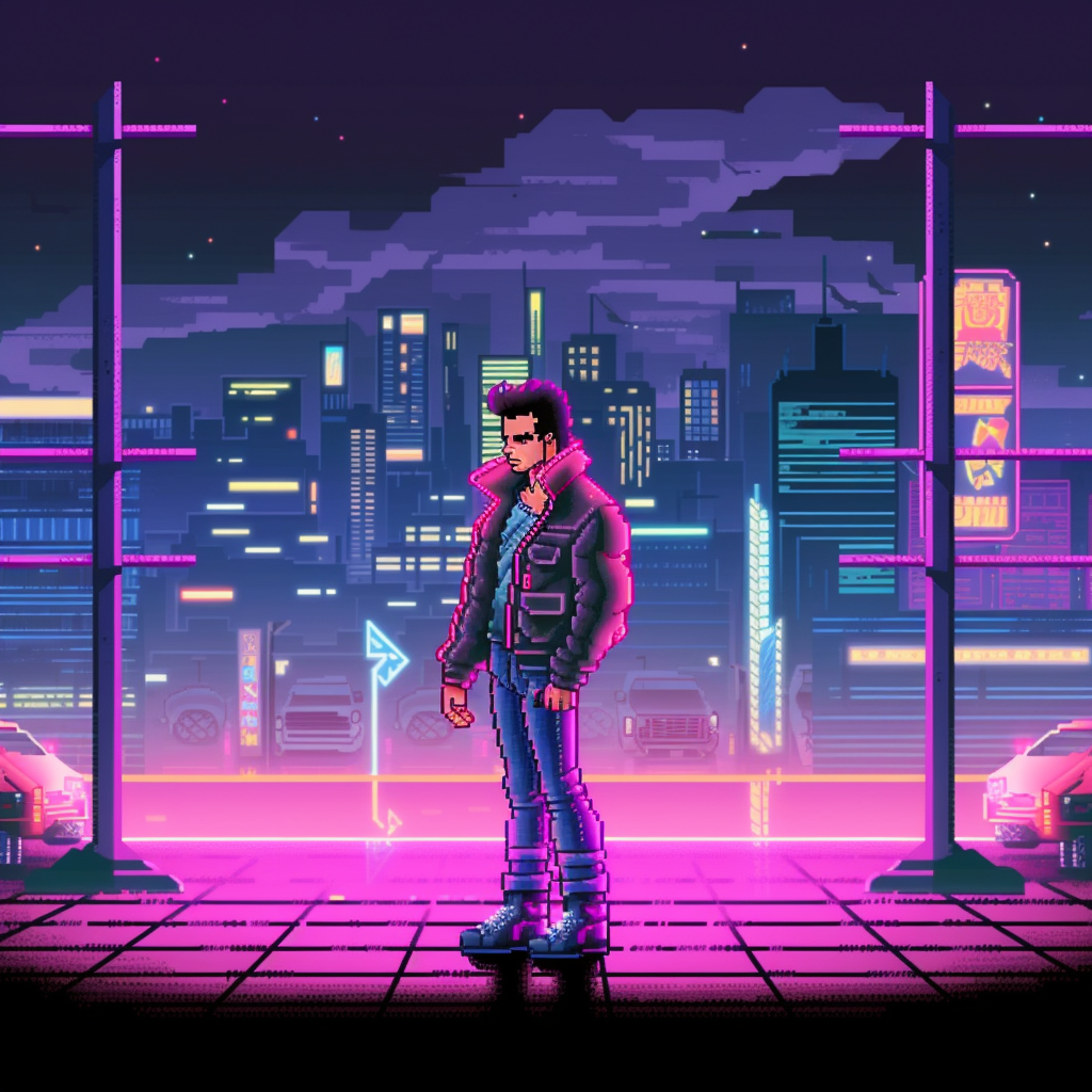 cyberpunk man standing under street lights